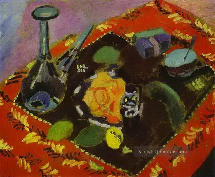 Gerichte und Früchte auf einem roten und schwarzen Teppich 1906 abstrakter Fauvismus Henri Matisse Ölgemälde